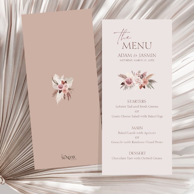 Menu de mariage bohème floral Pampas Blush terrien (Boho Dusty Pink Dried Flowers Pampas Grass Wedding Menu)