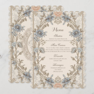 Menu de mariage botanique floral bleu élégant vint