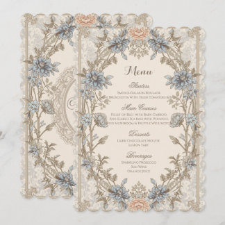 Menu de mariage botanique floral bleu élégant vint