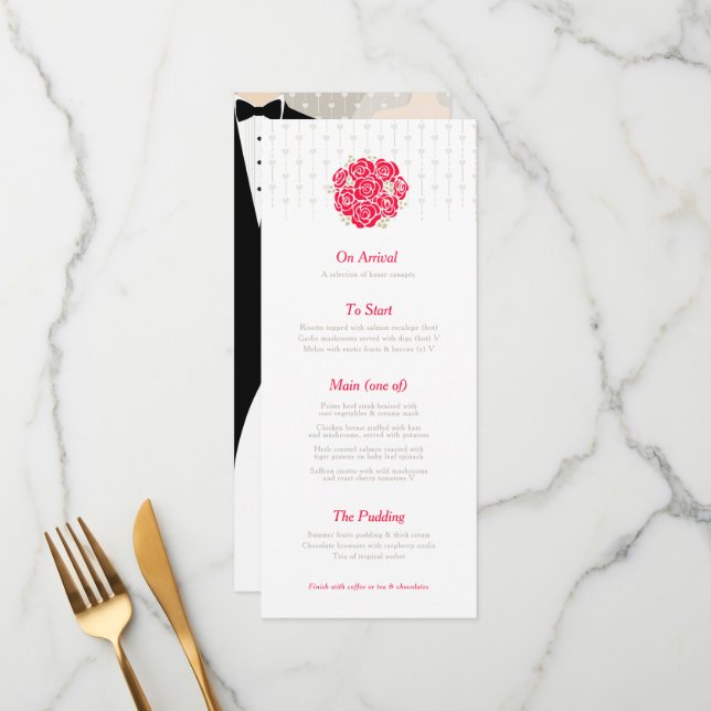 Menu de mariage bouquet vert mariée et marié rouge (Devant/Arrière en situation)