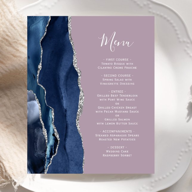 Menu de mariage Budget Navy Blue Silver Agate Mauv (Créateur téléchargé)