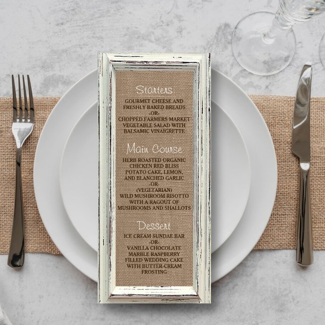 Menu de mariage cadre blanc rustique et toile de j (Créateur téléchargé)