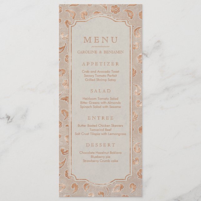 Menu de mariage campagnard rustique dentelle d'or  (Devant)