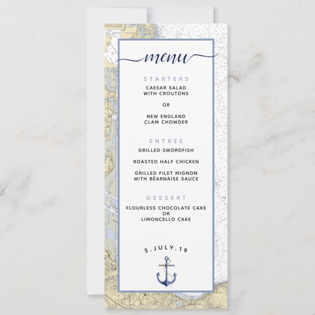 Menu de mariage carte nautique du port de Duxbury  (Devant)