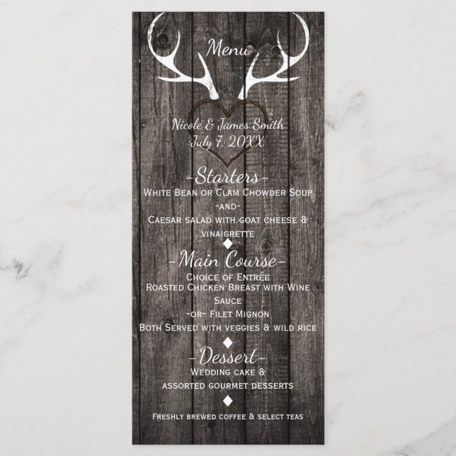 Menu de mariage Cerfs rustiques et cœur sculpté (Devant)