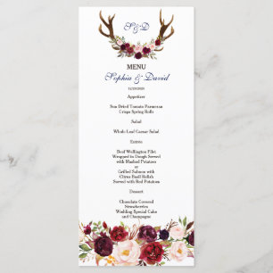 Menu de mariage Chic Burgundy Marsala Floral Cerf