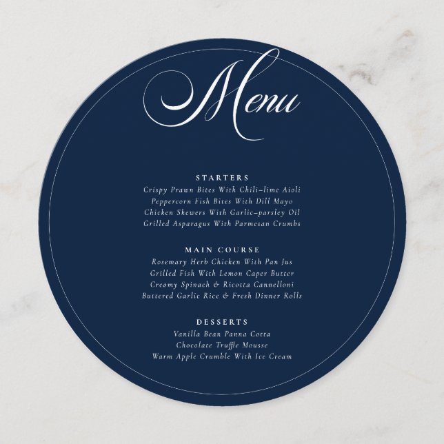 Menu de mariage classique calligraphié en bleu mar (Devant)