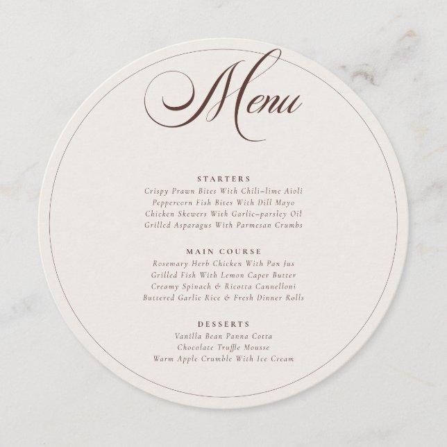 Menu de mariage classique Choco Brown Ivory Callig (Devant)