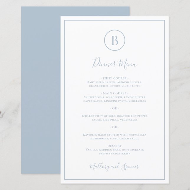 Menu de mariage classique Dusty Blue élégant (Devant / Derrière)