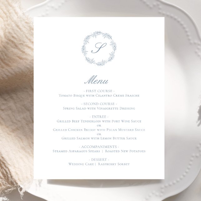 Menu de mariage Couronne de monogramme bleu poussi (Créateur téléchargé)