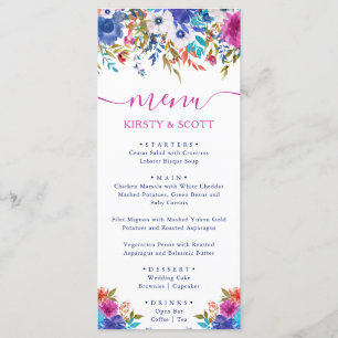 Menu de mariage de fleurs d'été aquarelle Boho