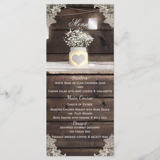 Menu de mariage de grange en bois rustique, dentel (Devant)