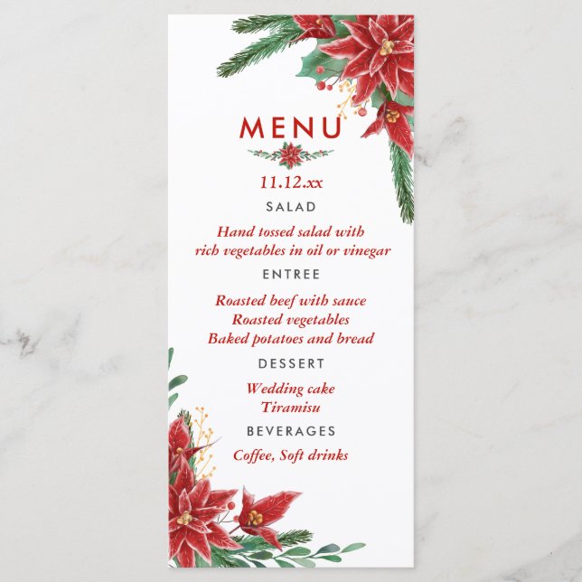 Menu de mariage de Noël Poinsettia rouge (Devant)