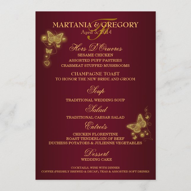 Menu de mariage de papillon d'or de Bourgogne (Devant)