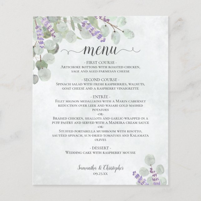 Menu de mariage économique au eucalyptus rustique  (Devant)