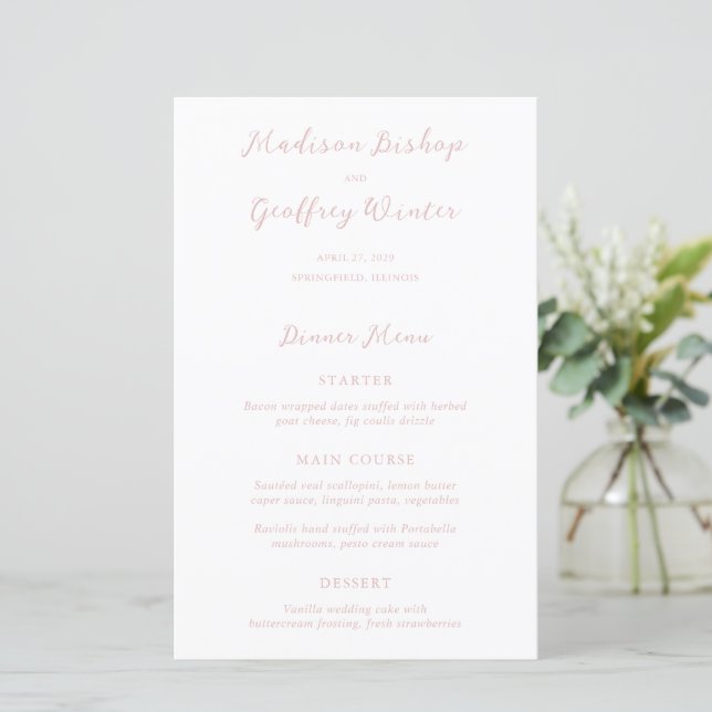 Menu de mariage élégant à l'encre rose Script Bold (Debout devant)