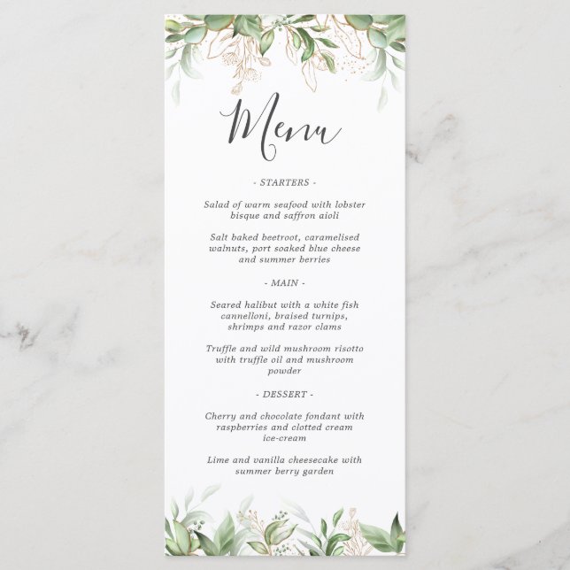 Menu de mariage élégant à l'eucalyptus et verdure (Devant)