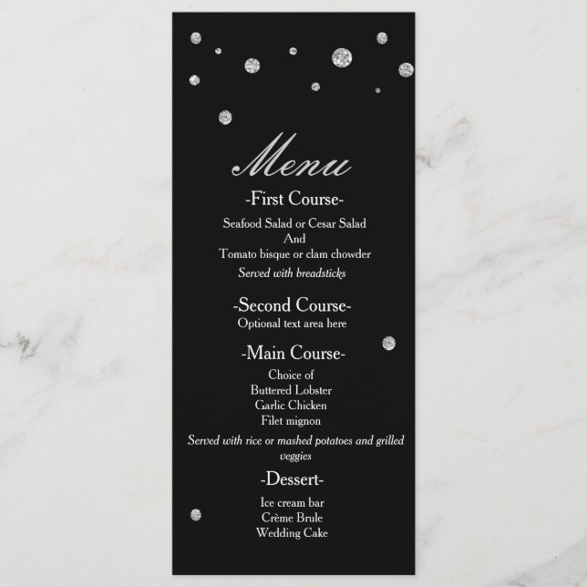 Menu de mariage élégant à points scintillants noir (Devant)