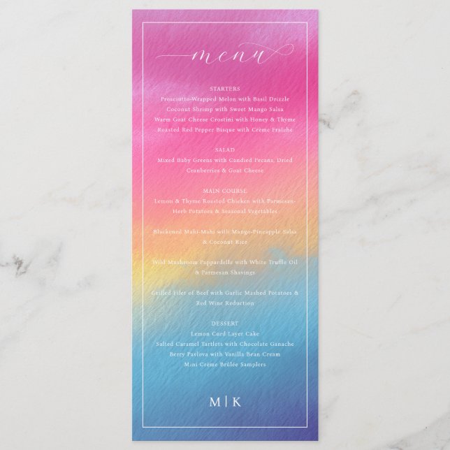 Menu de mariage élégant avec dégradé rose bleu (Devant)