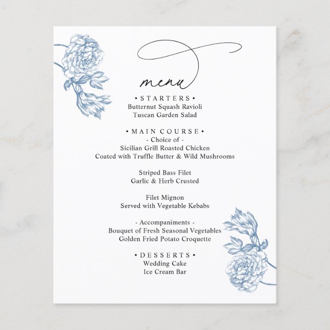 Menu de mariage élégant bleu floral moderne script (Devant)