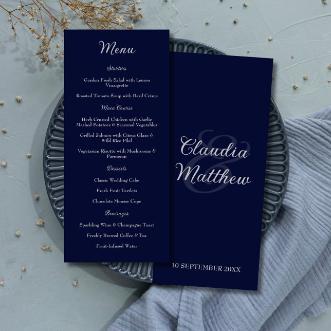 Menu de mariage élégant bleu marine et argenté (Elegant Navy Blue & Silver Script Wedding Menu)