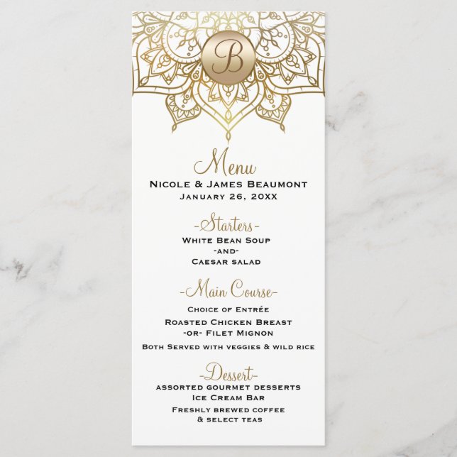 Menu de mariage élégant moderne blanc mandala doré (Devant)