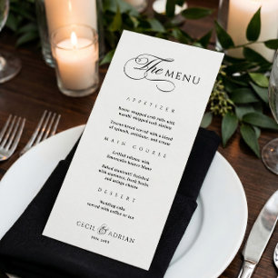 Menu de mariage élégant noir et blanc calligraphié