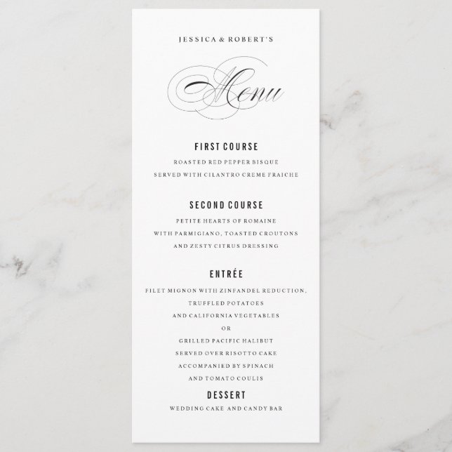Menu de mariage élégant noir et blanc Script (Devant)