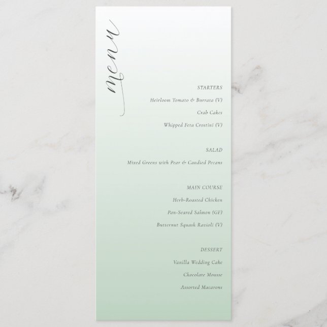 Menu de mariage élégant vert pastel calme (Devant)