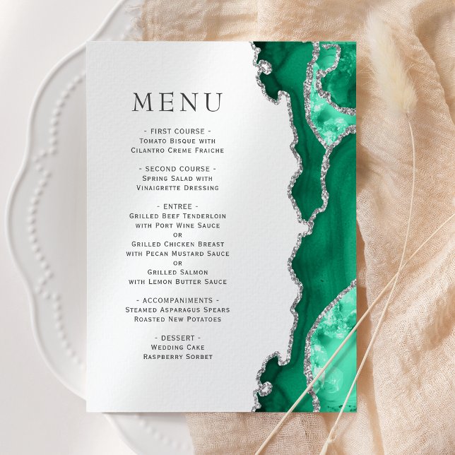 Menu de mariage en agate argentée vert mousse (Créateur téléchargé)