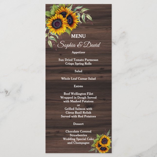Menu de mariage en bois romantique aux tournesols (Devant)