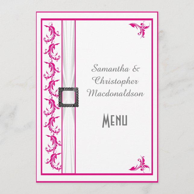 Menu de mariage en dentelle blanche rose fuchsia (Devant)