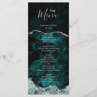 Menu de mariage en marbre d'agate vert paon or ros