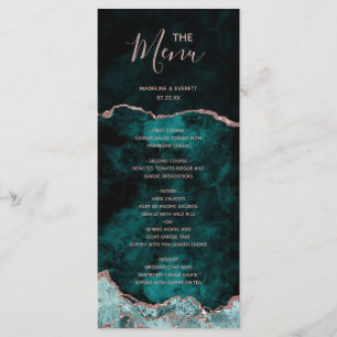 Menu de mariage en marbre d'agate vert paon or ros