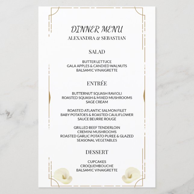 Menu de mariage et dîner avec lys calla et double  (Devant)