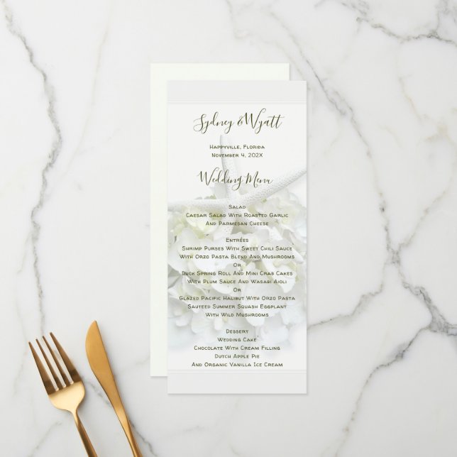 Menu de mariage étoile de mer grand blanc Jardin a (Devant/Arrière en situation)