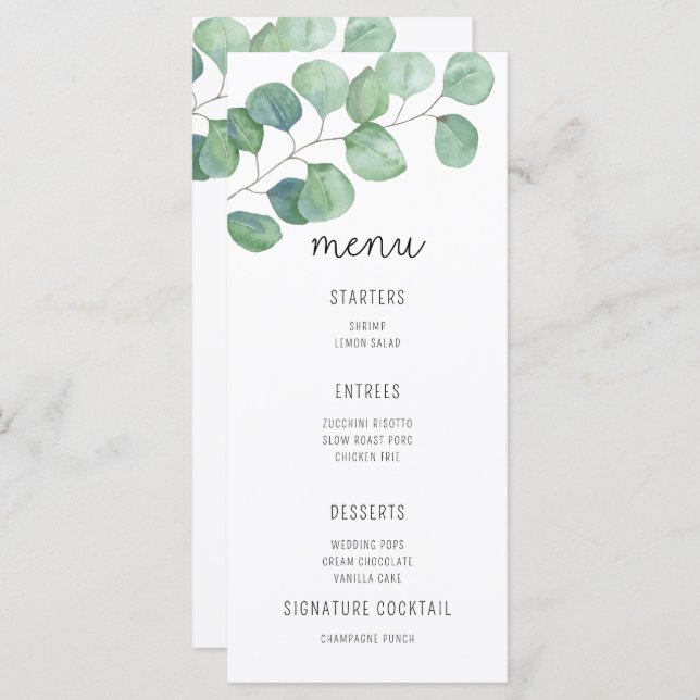 Menu de mariage - Eucalyptus aquarelle (Devant / Derrière)