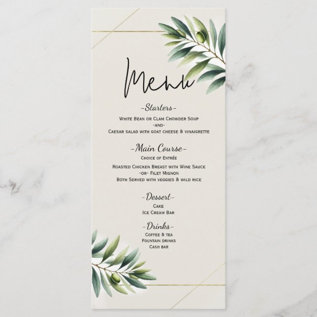 Menu de mariage feuille d'olive verte os blanc et  (Devant)