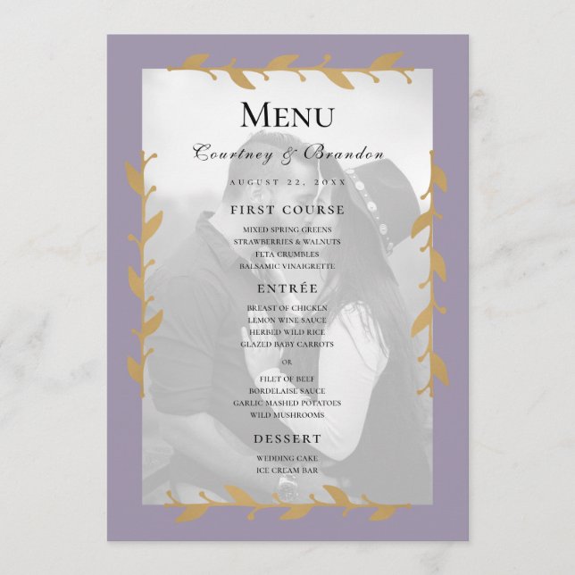 Menu de Mariage Feuille Purple Modern Photo Gold (Devant)