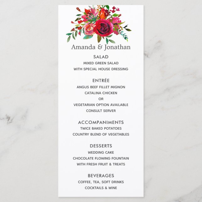 Menu de mariage floral à l'aquarelle (Devant)