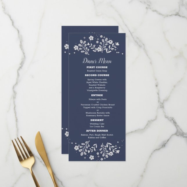 Menu de mariage floral blanc sur fond bleu (Devant/Arrière en situation)