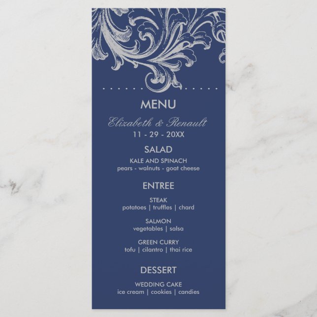 Menu de Mariage Floral Bleu Antique et Gris (Devant)