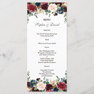 Menu de mariage floral bleu marine Merlot élégant