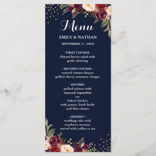 Menu de mariage floral confetti or bordeaux marine