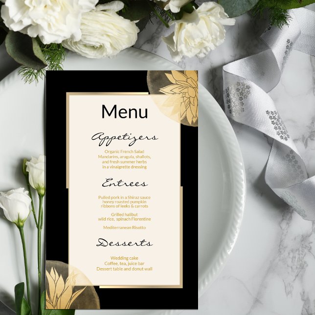 Menu de mariage floral doré moderne sur fond noir (Créateur téléchargé)