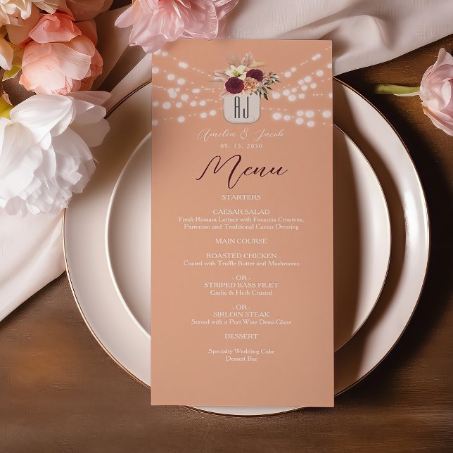 Menu de mariage floral en pot Mason (Créateur téléchargé)