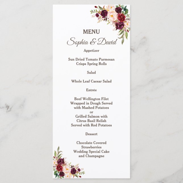 Menu de mariage floral Marsala rouge Bourgogne (Devant)