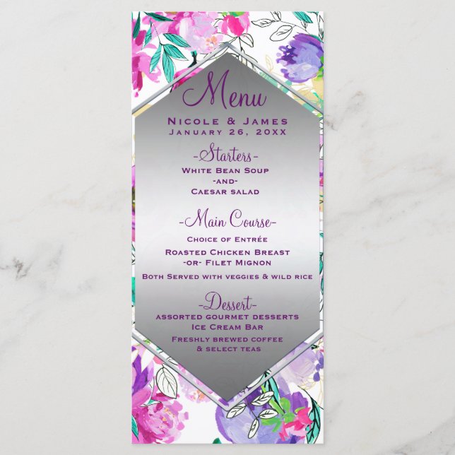 Menu de mariage floral moderne de couleur rose vio (Devant)