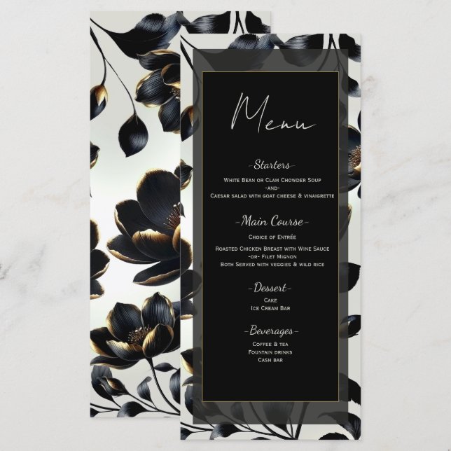 Menu de mariage floral noir et or Greige (Devant / Derrière)