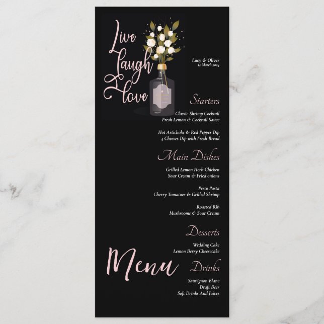 Menu de Mariage floral noir personnalisé avec devi (Devant)